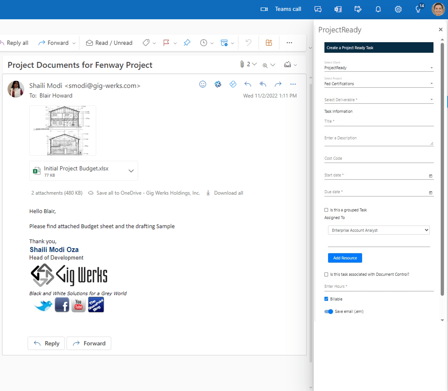 ProjectReady Microsoft Outlook Add-Ins make it possible for AEC professionals to register content to the project, deploy RFI, Change Order, Submittal workflows, and even create tasks for other team members. | ProjectReady