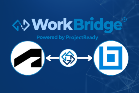 Diagram showing two platform logos connected by a central hub with bidirectional arrows; text reads 'WorkBridge Powered by ProjectReady' in a blue gradient background. | ProjectReady