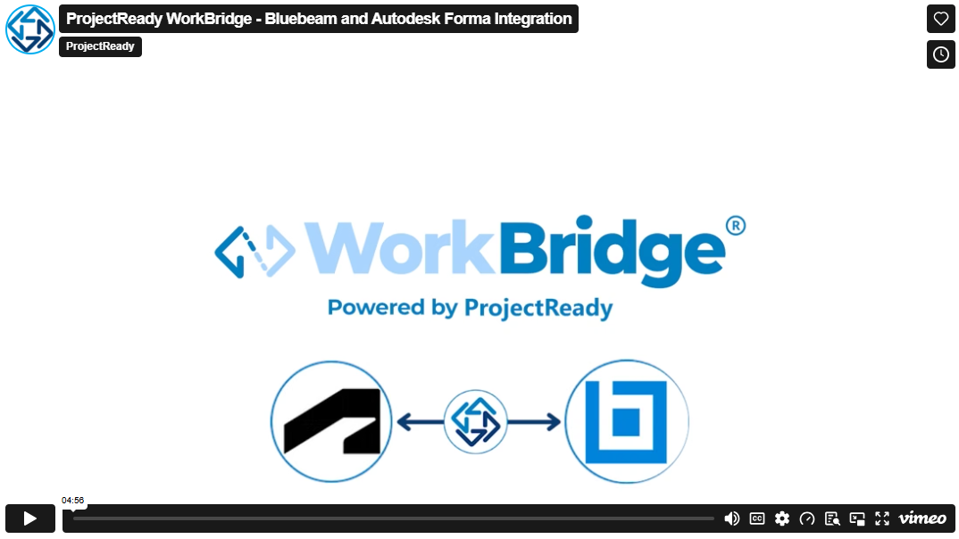WorkBridge logo with 'Powered by ProjectReady' text and three circular integration icons displayed below
