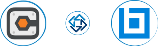 Three circular logos connected by bidirectional arrows, illustrating an integration workflow across left, center, and right tools. | ProjectReady